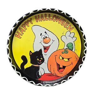 Vintage Black Cat Ghost & Pumpkin Happy Halloween Decorative Metal Serving Tray